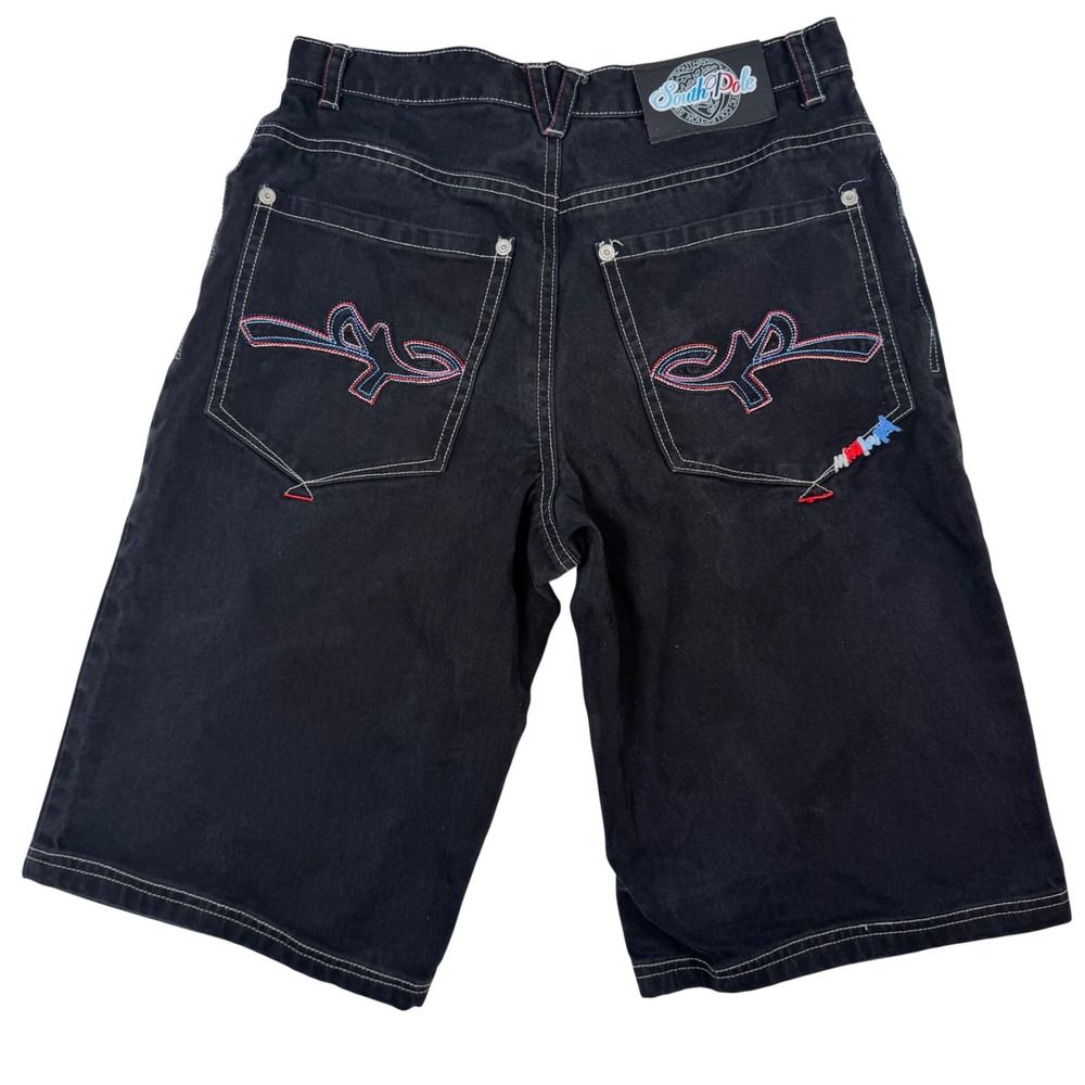 Y2K Southpole Denim Shorts Men 38x15 Embroidered Black Cargo Streetwear Grunge